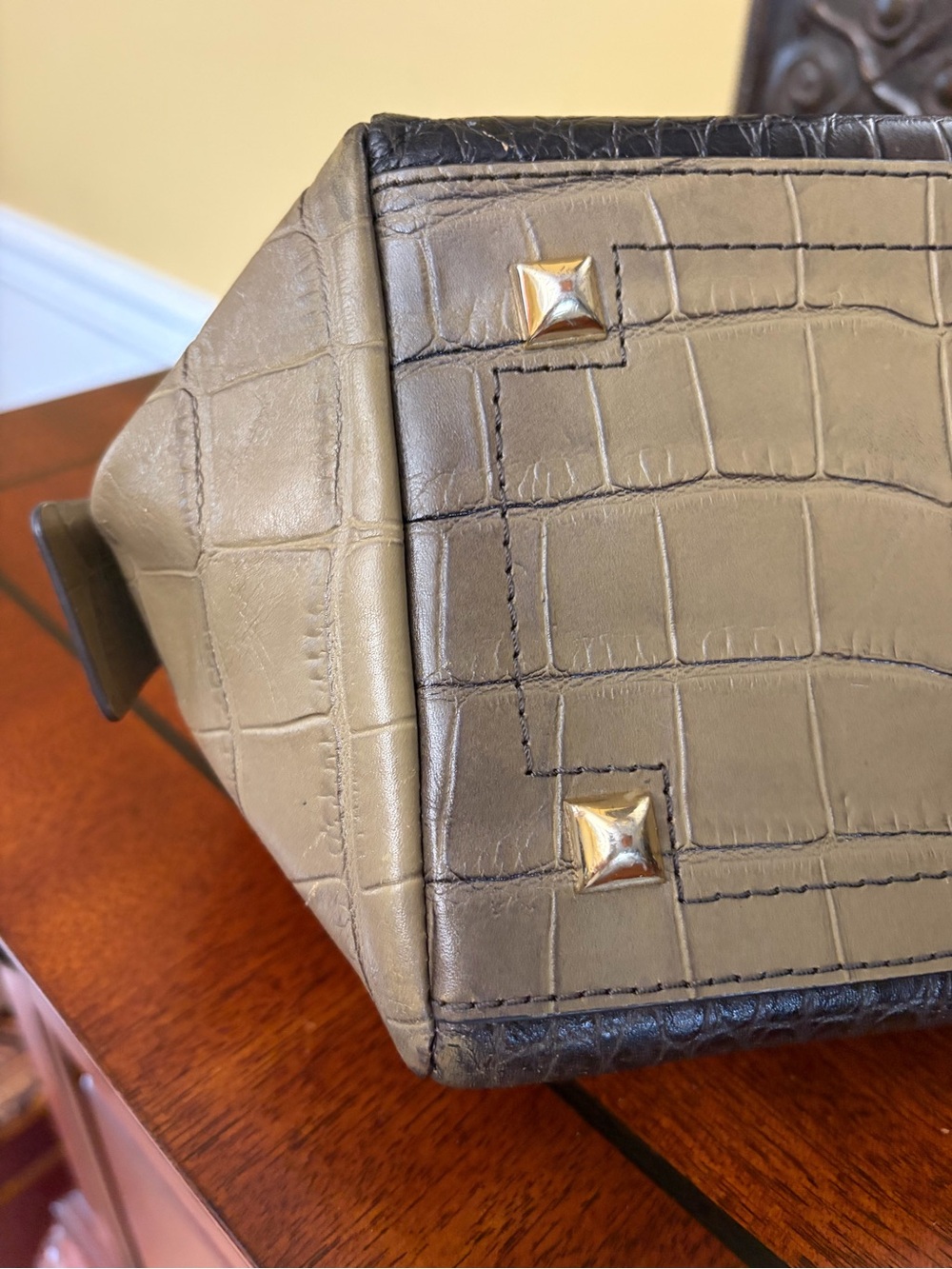 Henri Bendel Croc-Embossed Leather Satchel Olive/Black - Picture 15 of 15